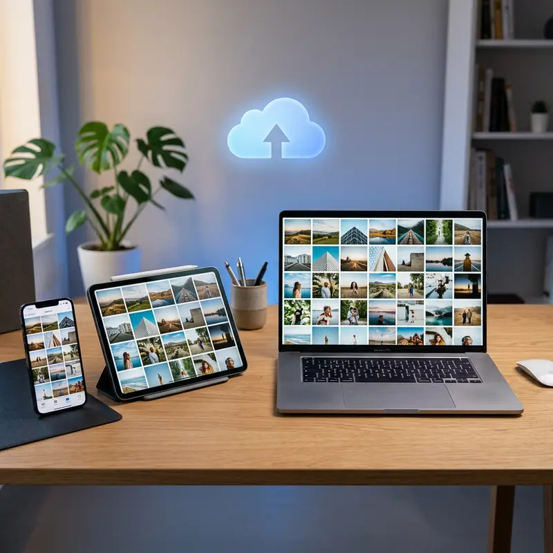 Sfeerbeeld: telefoon, tablet en laptop met dezelfde bestanden via de cloud