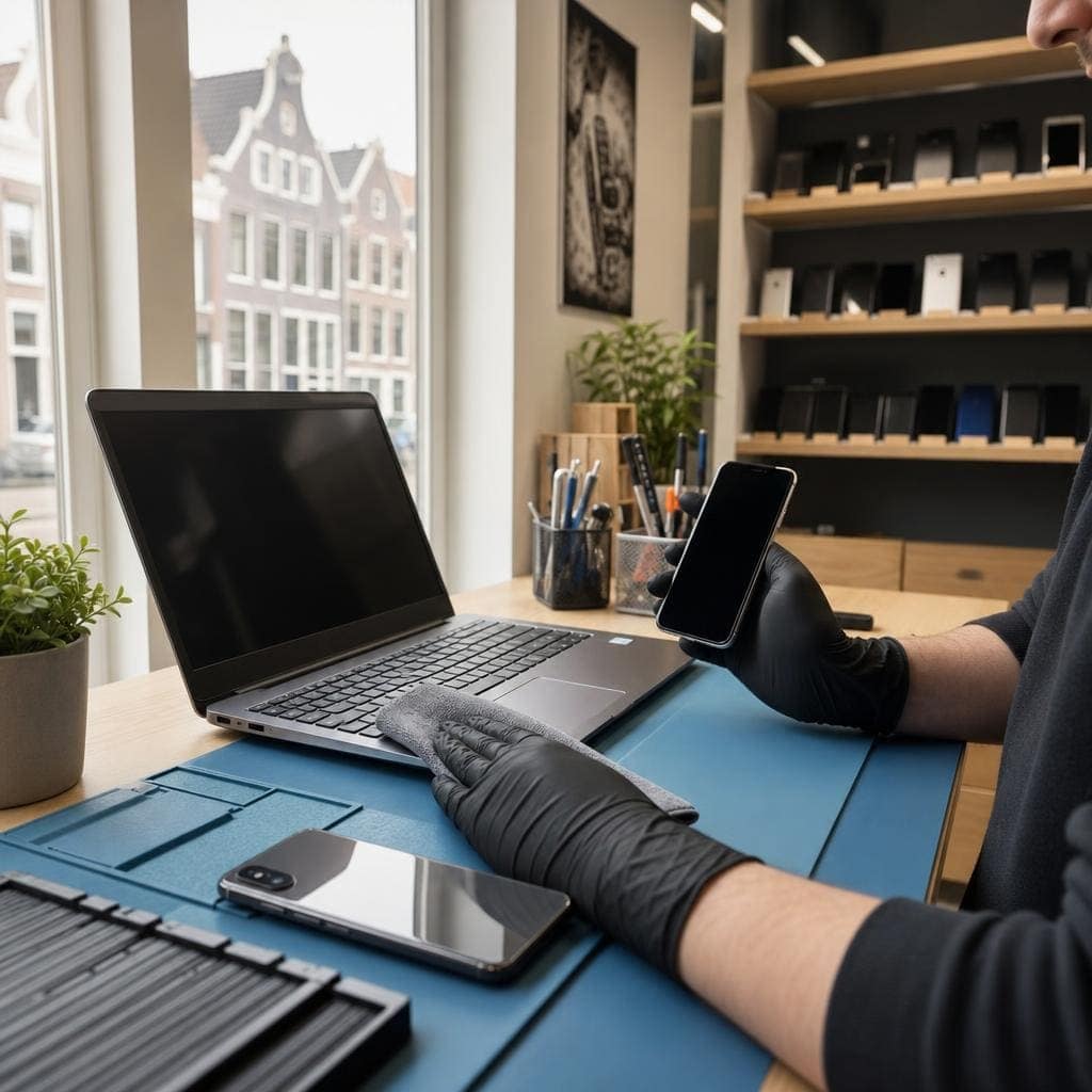 Technicus controleert een refurbished laptop en smartphone op de werkbank bij Gelre Computers