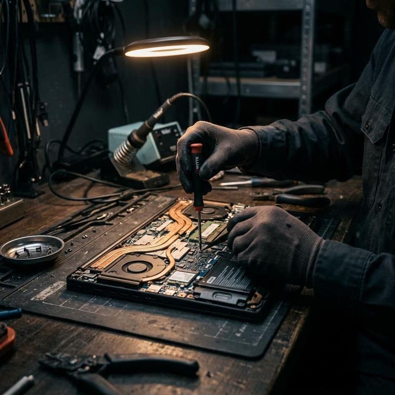 Een laptop wordt gerepareerd in de werkplaats van Gelre Computers & Smartphones