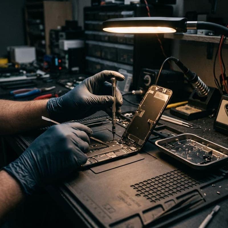 Een smartphone wordt gerepareerd in de werkplaats van Gelre Computers & Smartphones