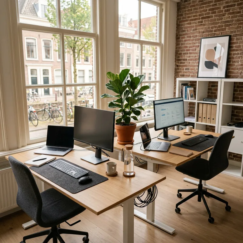 Sfeerbeeld: nette kantoorwerkplekken met zakelijke laptops en monitoren
